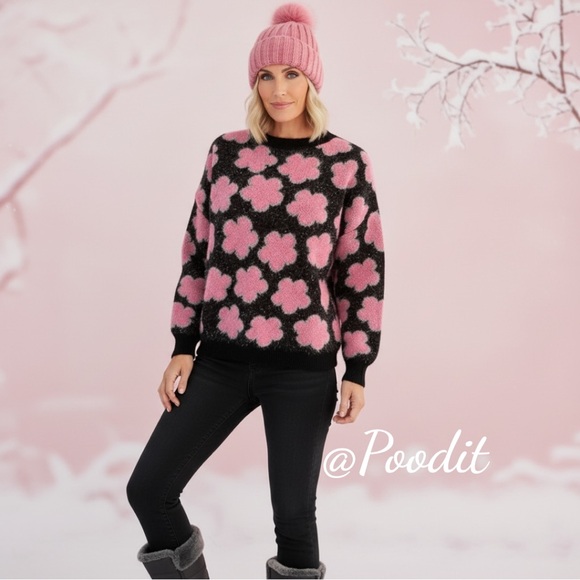 Peach Love California Sweaters - PEACH LOVE CALIFORNIA Floral print metallic silver detail sweater S M L